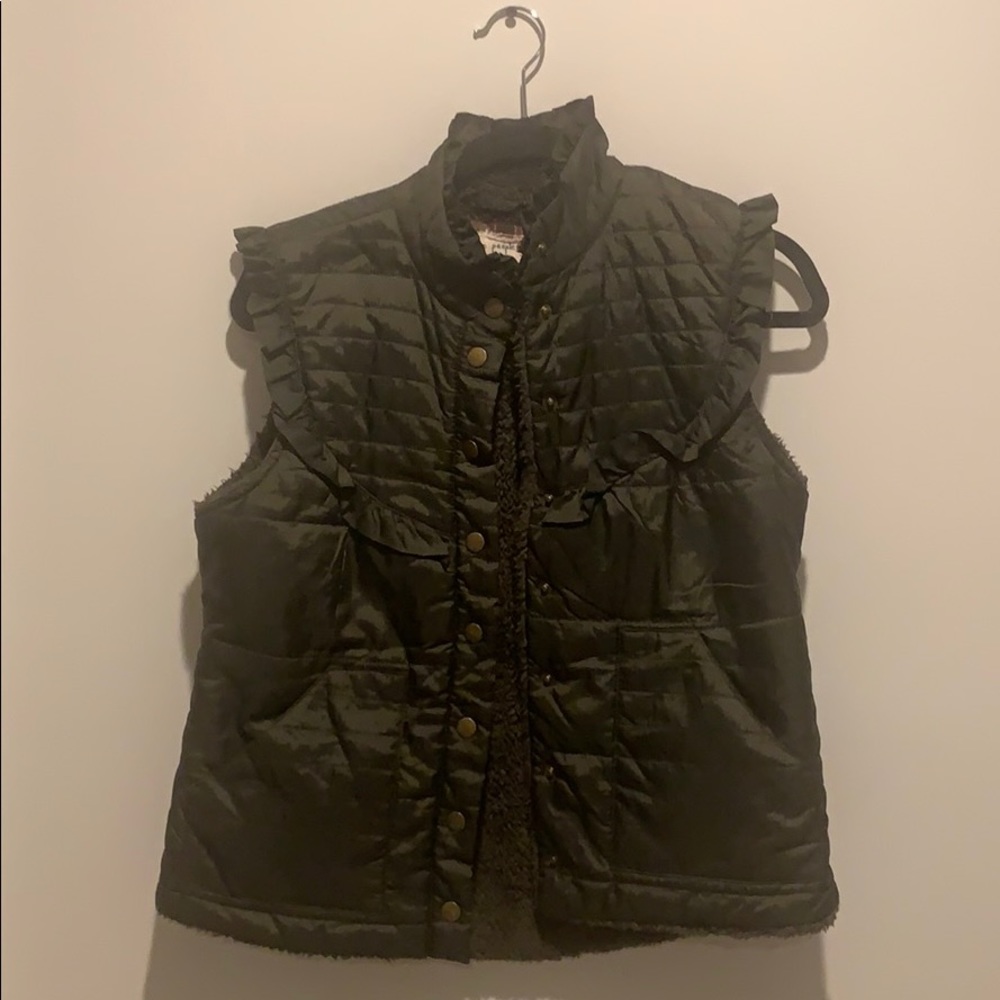 Free People Olive Quilted Ruffle-Yoke Puffer Vest